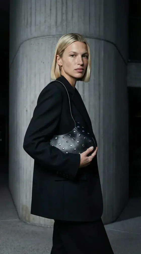 Model with a studded handbag, AI product photo